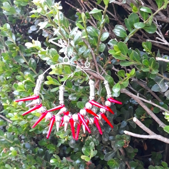 Spiked Statement Earrings/ Silver/ Red/ Hoop Earrings/ Stylish/ Handcrafted - Picture 6 of 9